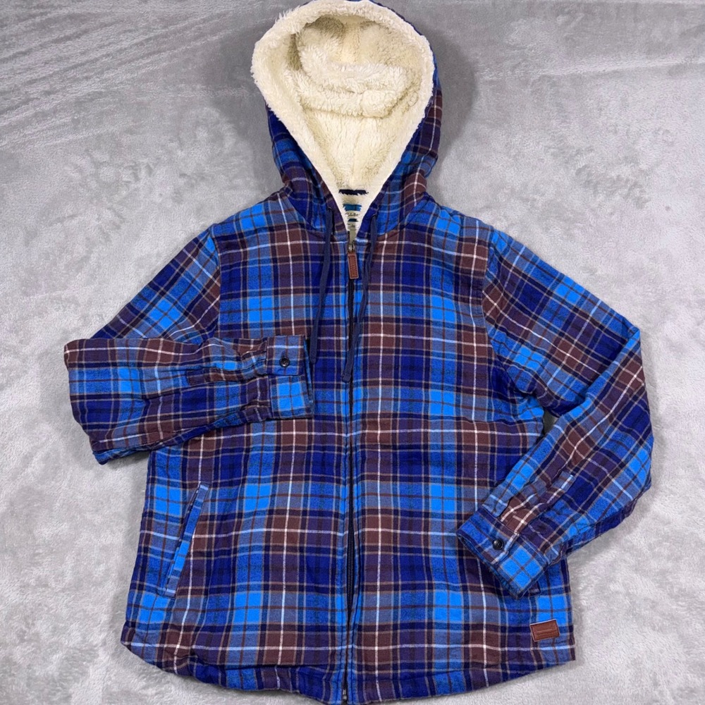 LL Bean Women Small Relaxed Fit Sherpa Lined Flannel Zip Hoodie Jacket Plaid